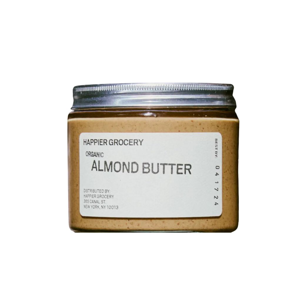 Jar of Happier Grocery Organic Almond Butter on a white background